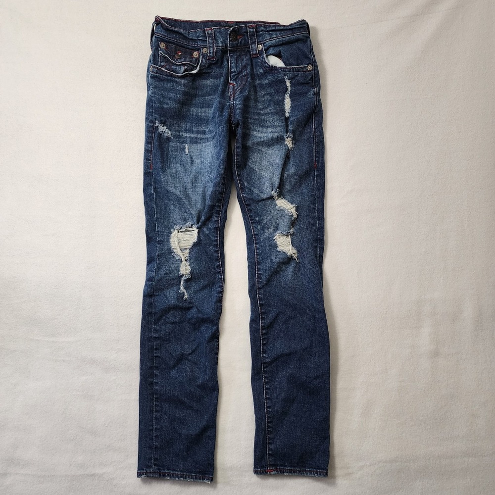 True Religion Geno Flap Jeans Mens 29x33 Blue Distressed Slim Red Thread Whisker